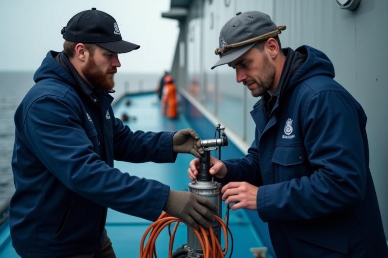 Engineers installing marine sensors on a vessel